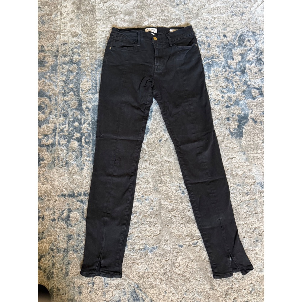 FRAME Le High Skinny Jeans Noir Black 28 Front Seam Split Hem High Rise Denim